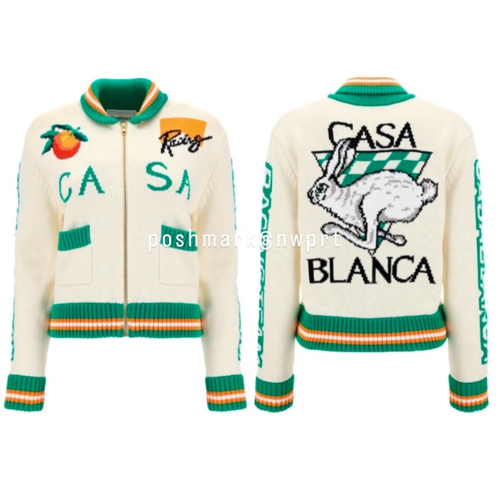 CASABLANCA 🐰 Casa Racing Knit Sweater Cardigan Off White Green Orange Rabbit XS - Picture 16 of 16